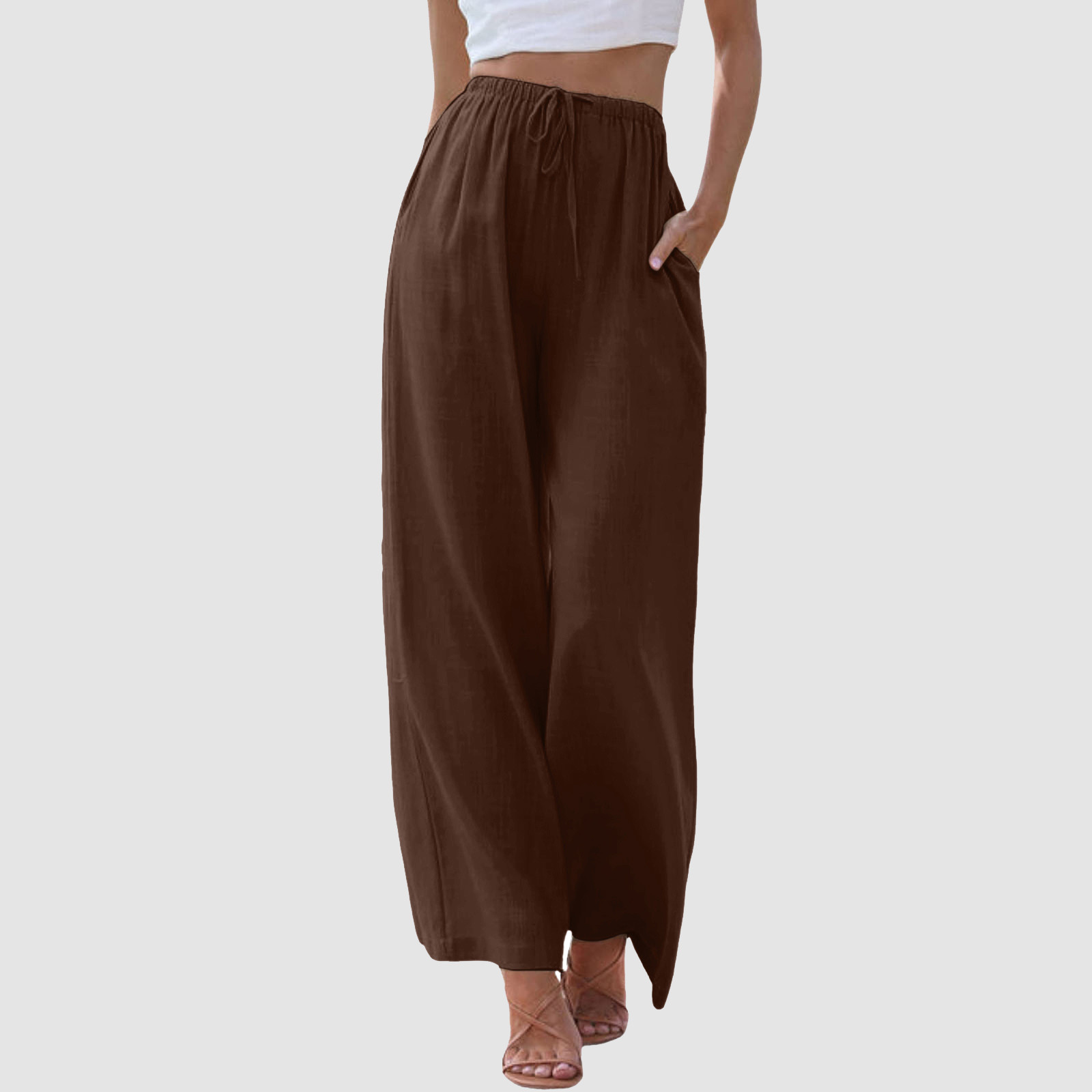 thumbnail image 2 of Pantalones de cintura alta y pierna ancha para mujer - Elástico con cordón, pierna recta cómoda, con bolsillos, 2 of 7